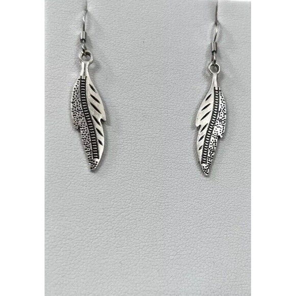 Feather Drop Hook Earrings .925 Sterling Silver Hook ~ Pewter Charm - Picture 1 of 3